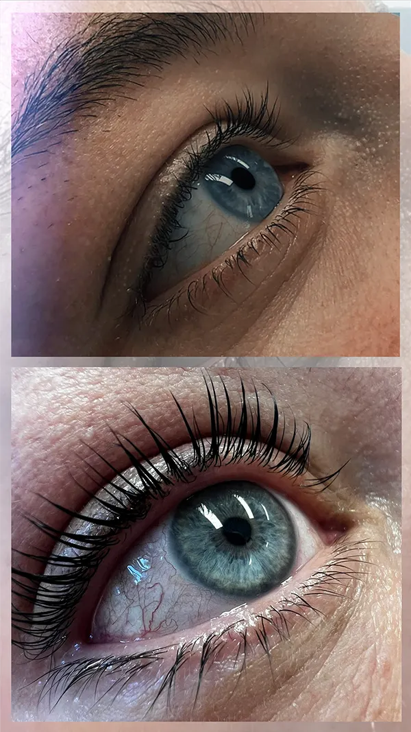 Vorher-Nachher-Vergleich eines Wimpernliftings mit sichtbar geschwungenen und betonten Naturwimpern.