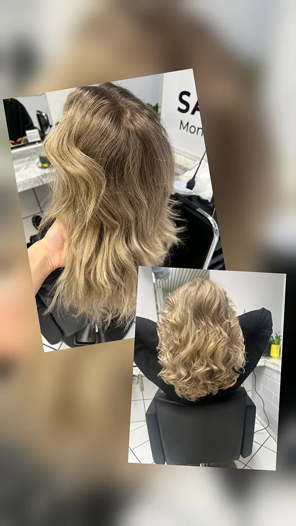 Vorher-Nachher-Ergebnis einer Blondauffrischung mit weichen Wellen und natürlichem, hellem Finish.