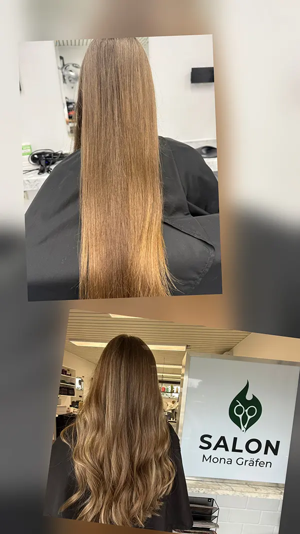 Vorher-Nachher-Ergebnis einer Haarveredelung mit glattem Ansatz, weichen Längen und gepflegtem Glanz.